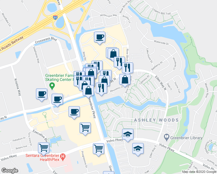 map of restaurants, bars, coffee shops, grocery stores, and more near 1173 Merchants Court in Chesapeake