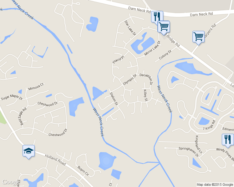 map of restaurants, bars, coffee shops, grocery stores, and more near 2608 Luzerne Circle in Virginia Beach