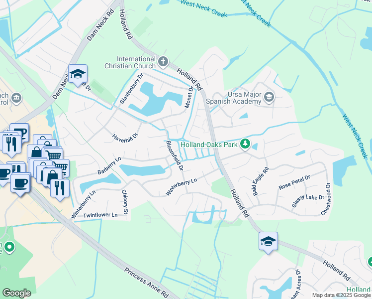 map of restaurants, bars, coffee shops, grocery stores, and more near 3061 Barberry Lane in Virginia Beach