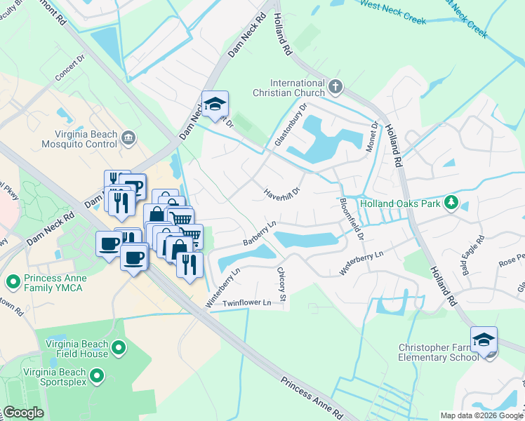 map of restaurants, bars, coffee shops, grocery stores, and more near 1900 Barberry Court in Virginia Beach