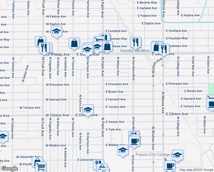 map of restaurants, bars, coffee shops, grocery stores, and more near 324 East Princeton Avenue in Fresno