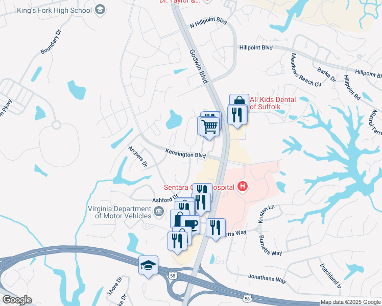 map of restaurants, bars, coffee shops, grocery stores, and more near 176 Wexford Drive in Suffolk