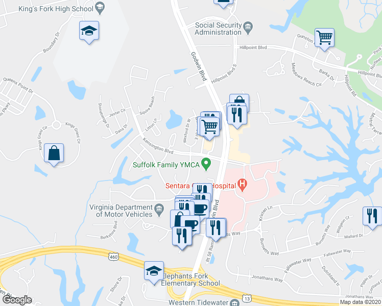 map of restaurants, bars, coffee shops, grocery stores, and more near 134 Wexford Drive in Suffolk