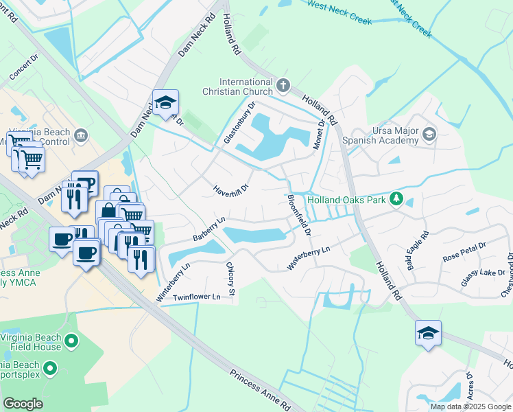 map of restaurants, bars, coffee shops, grocery stores, and more near 1809 Ellswood Court in Virginia Beach