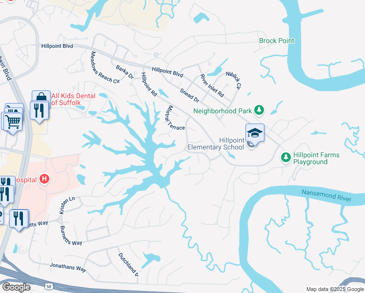 map of restaurants, bars, coffee shops, grocery stores, and more near 120 Lakes Edge Drive in Suffolk