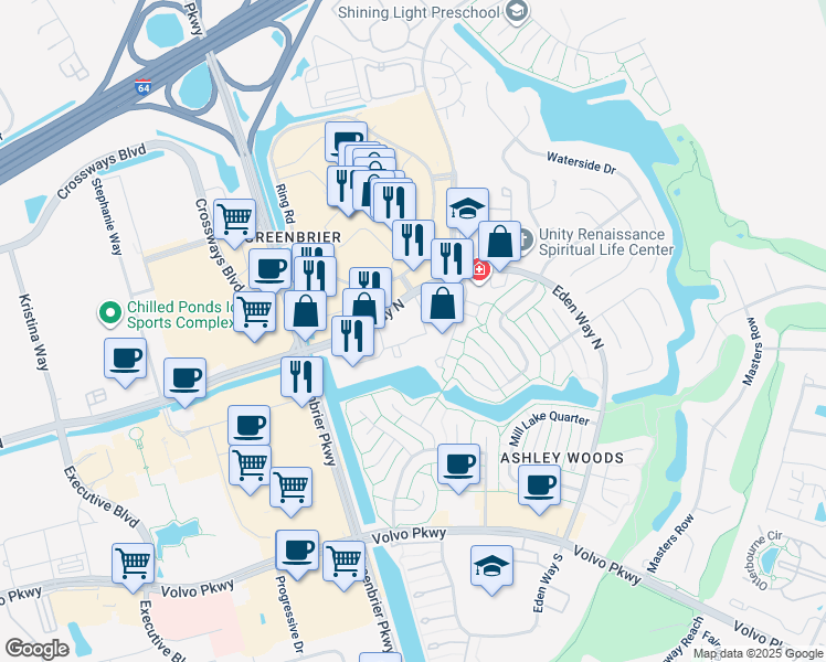 map of restaurants, bars, coffee shops, grocery stores, and more near 1105 Merchants Court in Chesapeake
