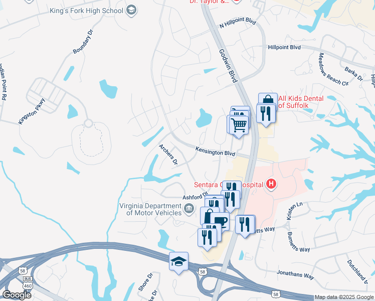 map of restaurants, bars, coffee shops, grocery stores, and more near 104 Tournament Court in Suffolk
