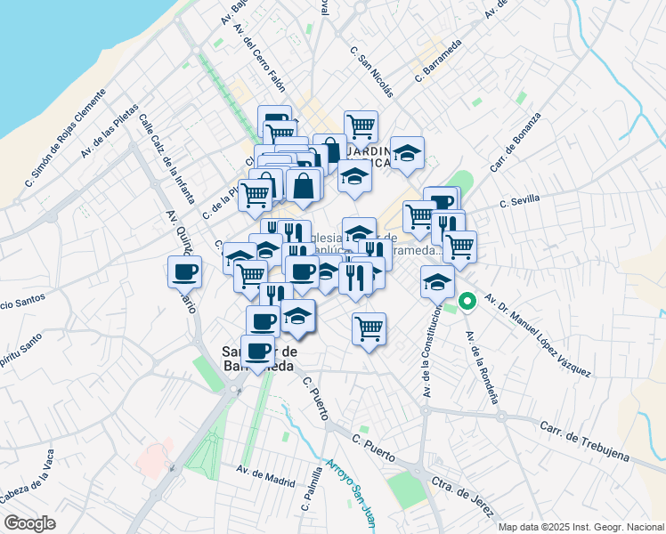 map of restaurants, bars, coffee shops, grocery stores, and more near 32 Calle Santiago in Sanlúcar de Barrameda