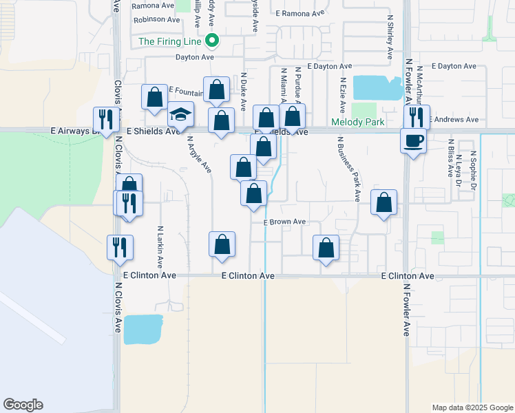 map of restaurants, bars, coffee shops, grocery stores, and more near 5810 East Princeton Avenue in Fresno
