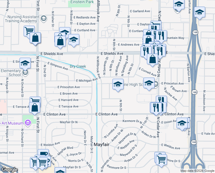 map of restaurants, bars, coffee shops, grocery stores, and more near 2722 North 8th Street in Fresno