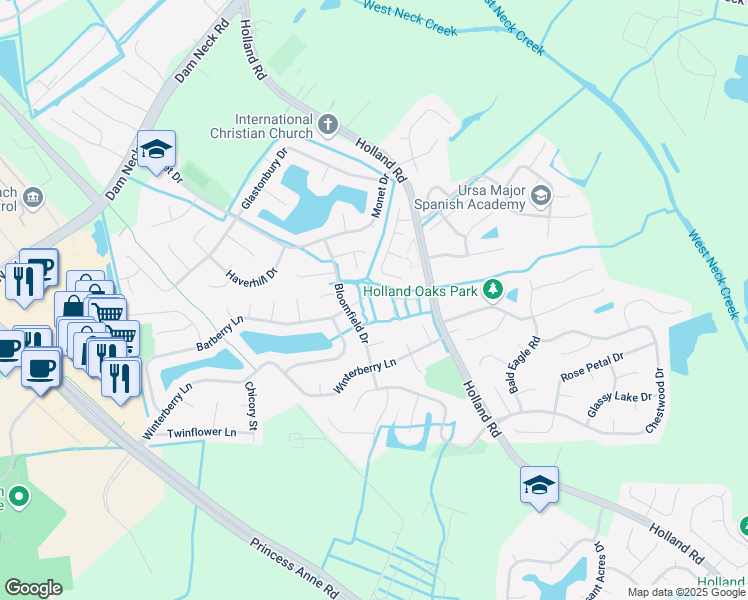 map of restaurants, bars, coffee shops, grocery stores, and more near 3061 Barberry Lane in Virginia Beach