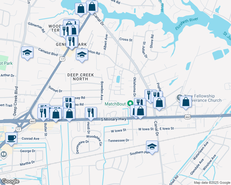 map of restaurants, bars, coffee shops, grocery stores, and more near 711 Geneva Avenue in Chesapeake