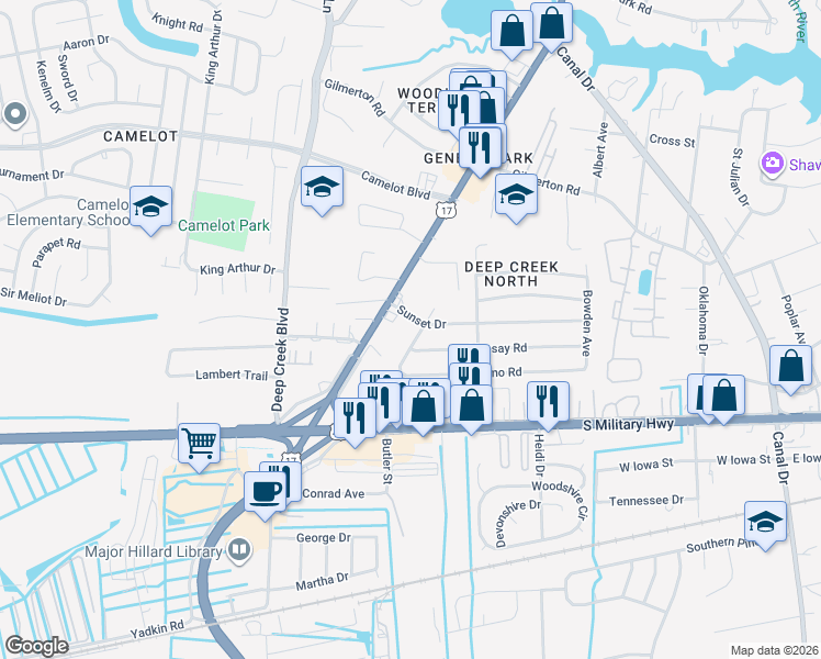map of restaurants, bars, coffee shops, grocery stores, and more near 919 Bounds Avenue in Chesapeake