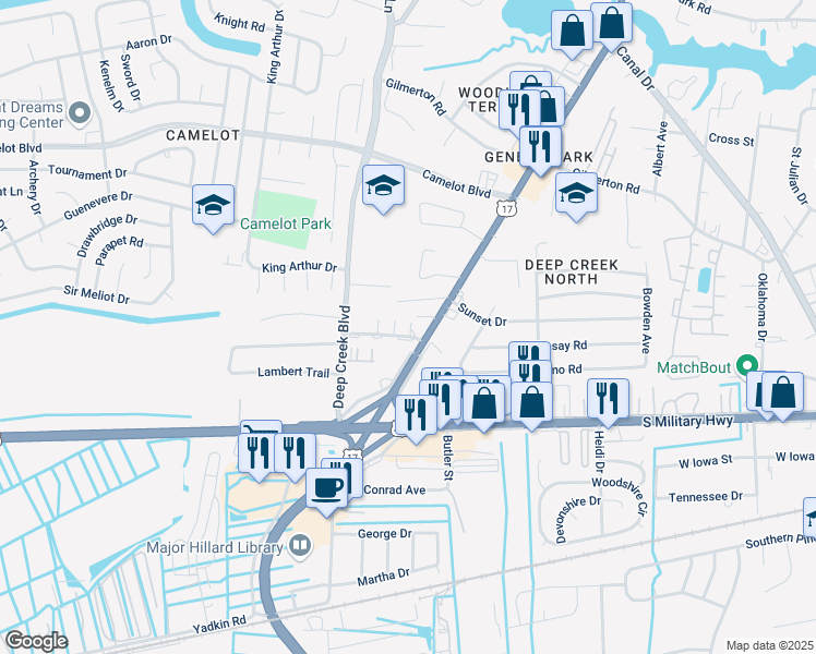 map of restaurants, bars, coffee shops, grocery stores, and more near 2600 Townhouse Lane in Chesapeake
