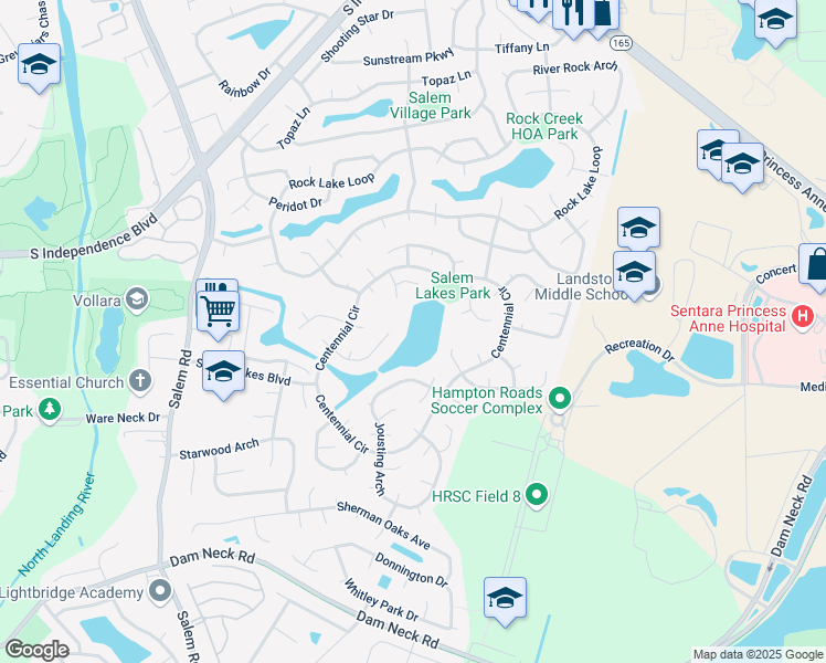 map of restaurants, bars, coffee shops, grocery stores, and more near 3829 Huey Court in Virginia Beach