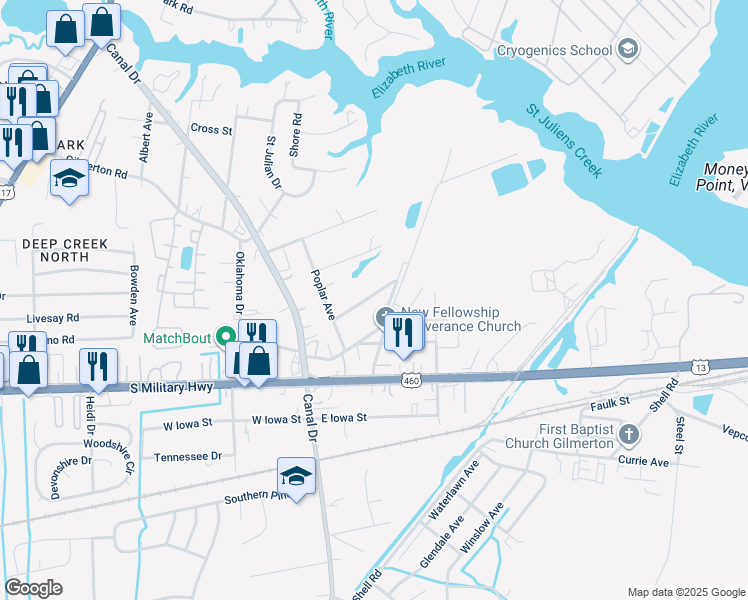 map of restaurants, bars, coffee shops, grocery stores, and more near 2015 Texas Street in Chesapeake