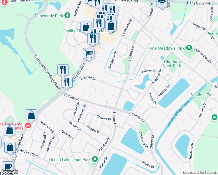 map of restaurants, bars, coffee shops, grocery stores, and more near 1181 Gunn Hall Drive in Virginia Beach