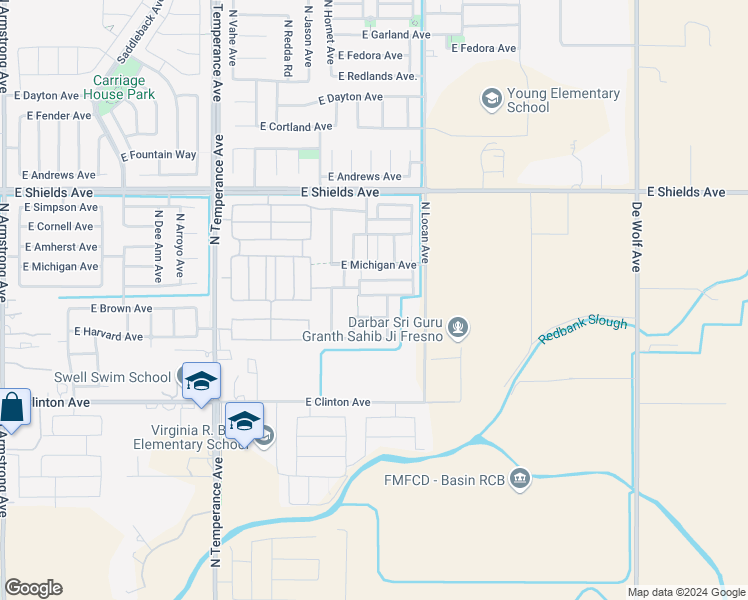 map of restaurants, bars, coffee shops, grocery stores, and more near 7407 East Homan Avenue in Fresno