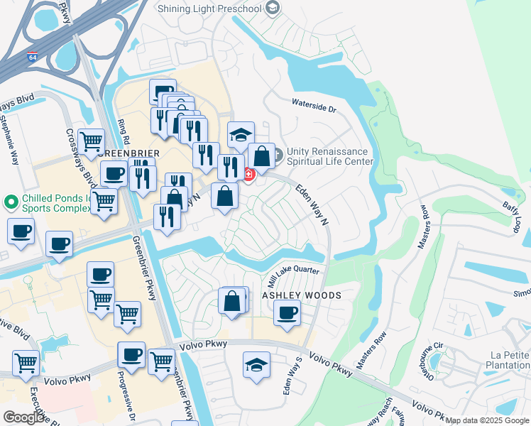 map of restaurants, bars, coffee shops, grocery stores, and more near 1343 Cypress Place in Chesapeake