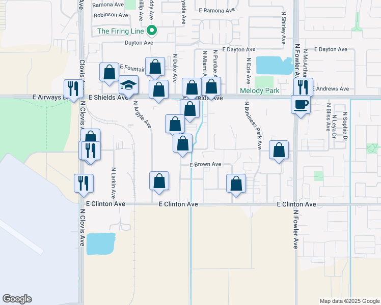 map of restaurants, bars, coffee shops, grocery stores, and more near 5810 East Princeton Avenue in Fresno