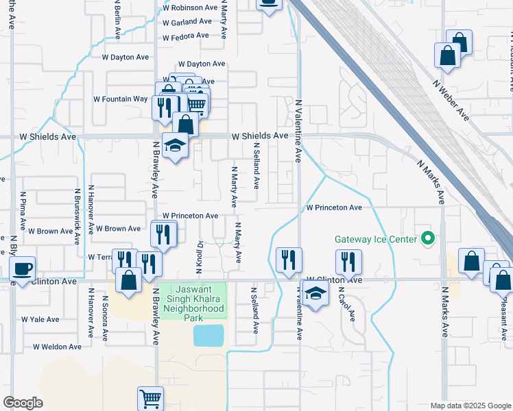 map of restaurants, bars, coffee shops, grocery stores, and more near 3519 West Michigan Avenue in Fresno