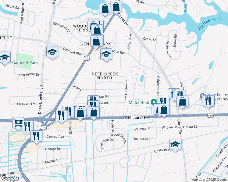 map of restaurants, bars, coffee shops, grocery stores, and more near 2413 Sunset Drive in Chesapeake