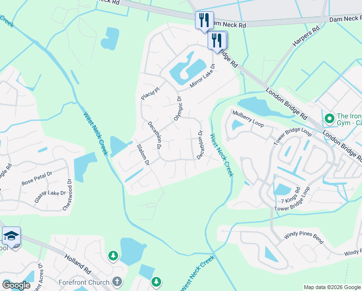 map of restaurants, bars, coffee shops, grocery stores, and more near 1900 McCauley Court in Virginia Beach