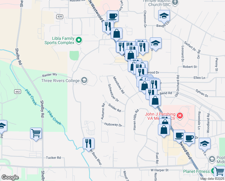 map of restaurants, bars, coffee shops, grocery stores, and more near 2018 Schweitzer Drive in Poplar Bluff