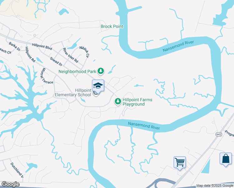 map of restaurants, bars, coffee shops, grocery stores, and more near 100 Farrand Drive in Suffolk