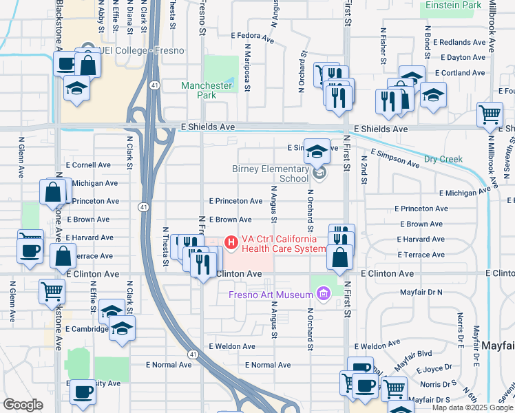 map of restaurants, bars, coffee shops, grocery stores, and more near 2806 East Princeton Avenue in Fresno