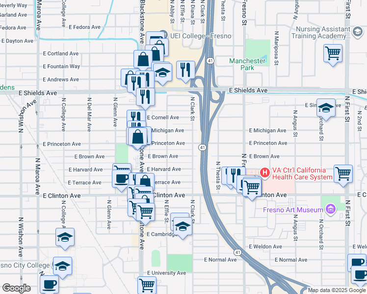 map of restaurants, bars, coffee shops, grocery stores, and more near 2014 E Princeton Ave in Fresno
