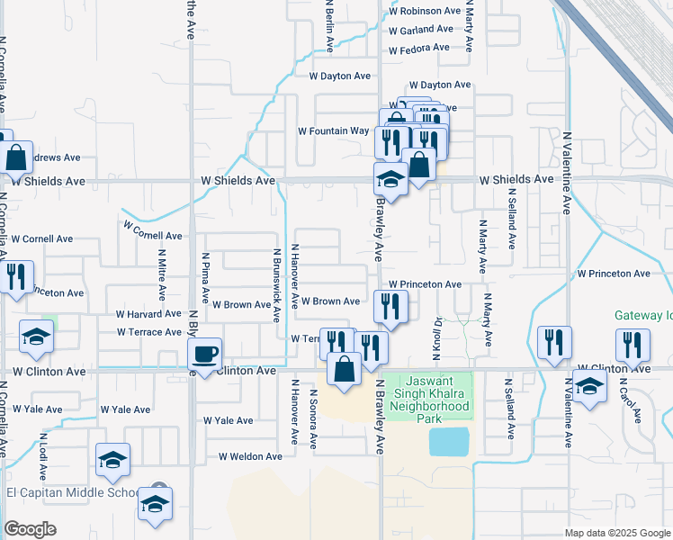 map of restaurants, bars, coffee shops, grocery stores, and more near 4118 West Princeton Avenue in Fresno
