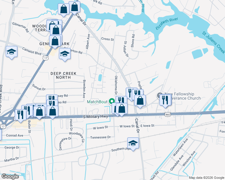 map of restaurants, bars, coffee shops, grocery stores, and more near 916B Oklahoma Drive in Chesapeake