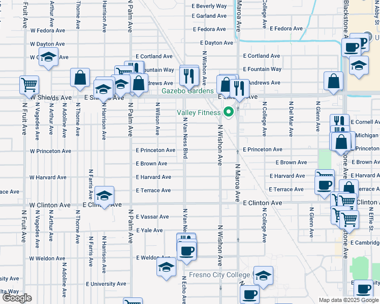map of restaurants, bars, coffee shops, grocery stores, and more near 626 East Princeton Avenue in Fresno