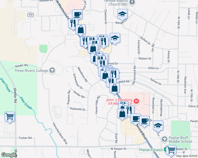 map of restaurants, bars, coffee shops, grocery stores, and more near 2002 Woodhaven Road in Poplar Bluff