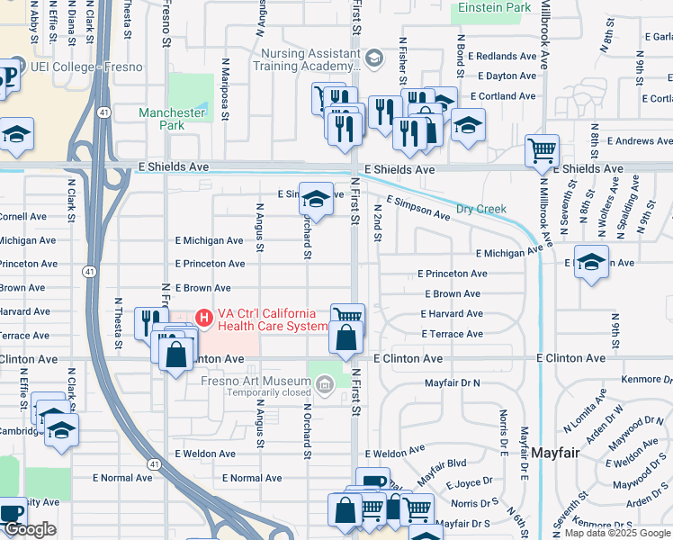 map of restaurants, bars, coffee shops, grocery stores, and more near 3056 East Princeton Avenue in Fresno