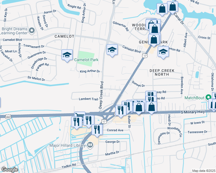 map of restaurants, bars, coffee shops, grocery stores, and more near 2716 Townhouse Lane in Chesapeake