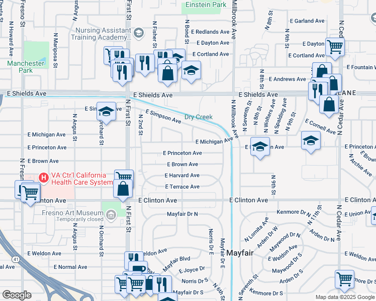 map of restaurants, bars, coffee shops, grocery stores, and more near 3419 East Princeton Avenue in Fresno
