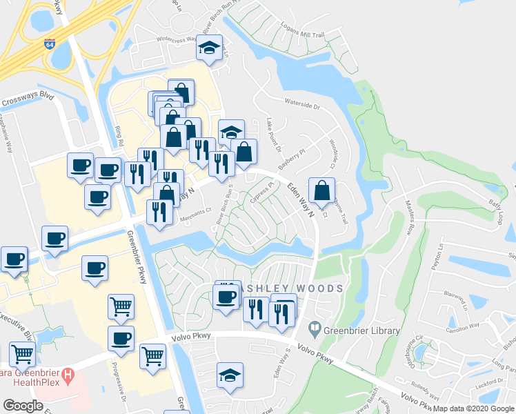 map of restaurants, bars, coffee shops, grocery stores, and more near 1343 Cypress Place in Chesapeake