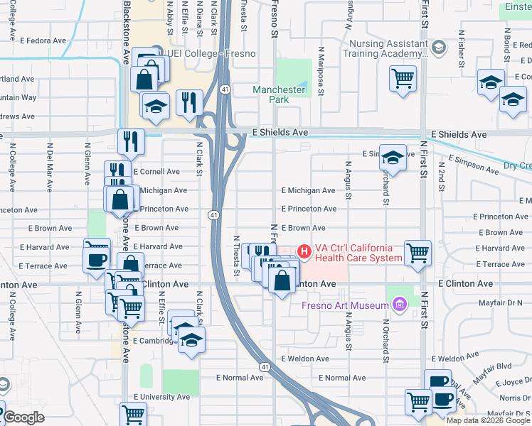 map of restaurants, bars, coffee shops, grocery stores, and more near 2434 East Princeton Avenue in Fresno