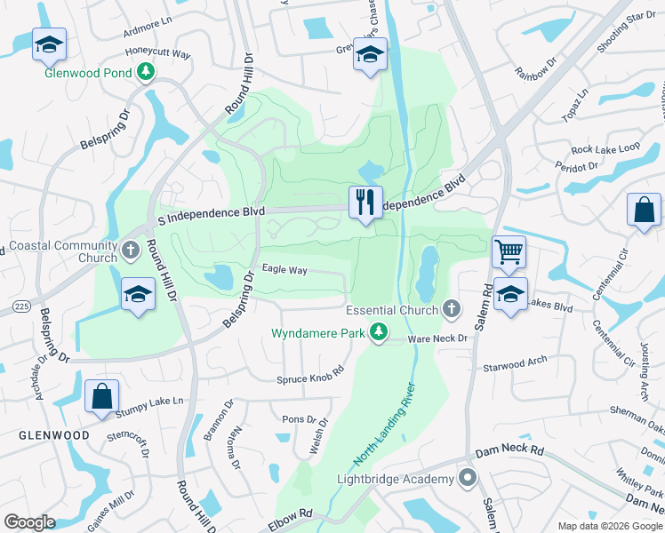 map of restaurants, bars, coffee shops, grocery stores, and more near 1196 Eagle Way in Virginia Beach