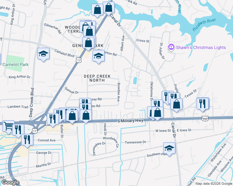 map of restaurants, bars, coffee shops, grocery stores, and more near 914 Bowden Avenue in Chesapeake