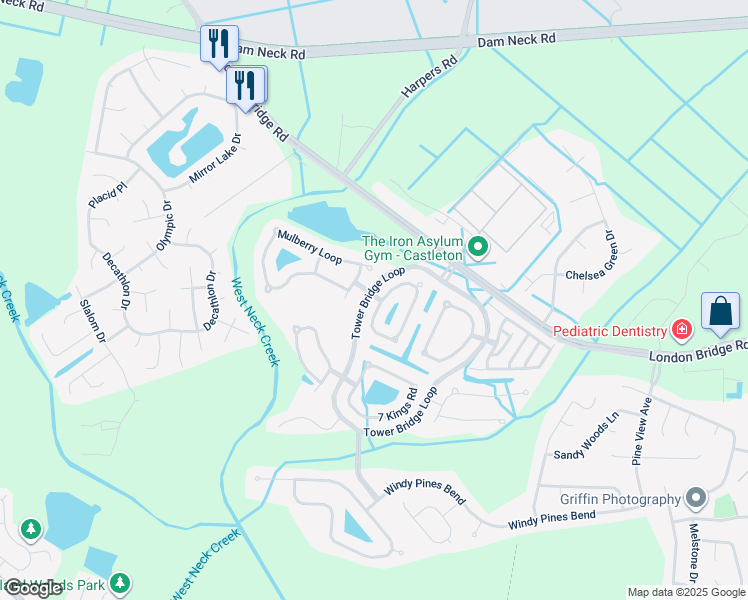map of restaurants, bars, coffee shops, grocery stores, and more near Clifton Bridge Drive in Virginia Beach
