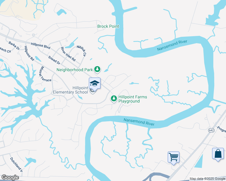 map of restaurants, bars, coffee shops, grocery stores, and more near 100 Farrand Drive in Suffolk