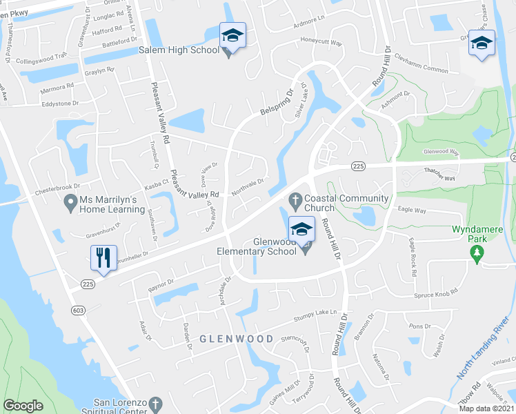 map of restaurants, bars, coffee shops, grocery stores, and more near 1169 Beaver Falls Court in Virginia Beach