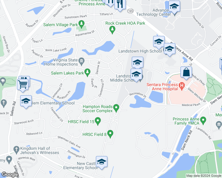 map of restaurants, bars, coffee shops, grocery stores, and more near 3720 Frazier Lane in Virginia Beach