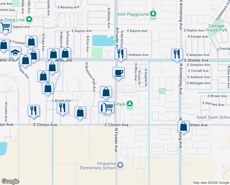map of restaurants, bars, coffee shops, grocery stores, and more near 6573 East Princeton Avenue in Fresno