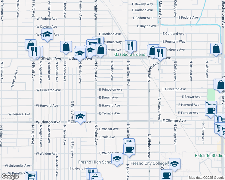 map of restaurants, bars, coffee shops, grocery stores, and more near in Fresno
