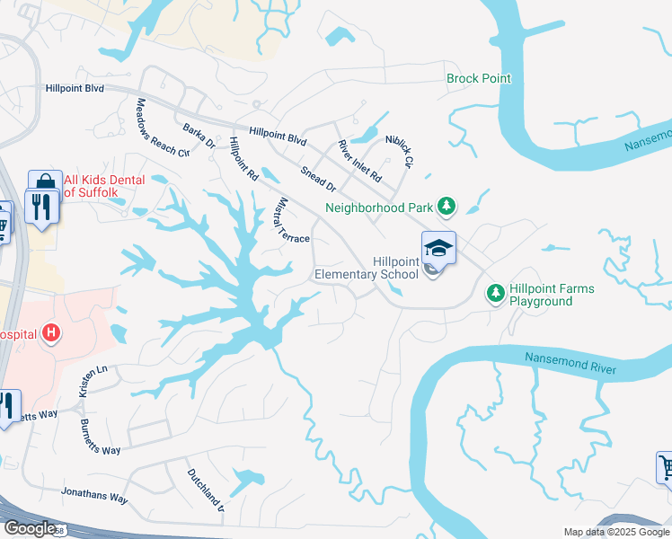 map of restaurants, bars, coffee shops, grocery stores, and more near 106 Chapel Hill Court in Suffolk