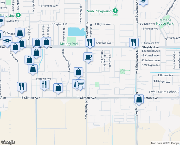 map of restaurants, bars, coffee shops, grocery stores, and more near in Fresno